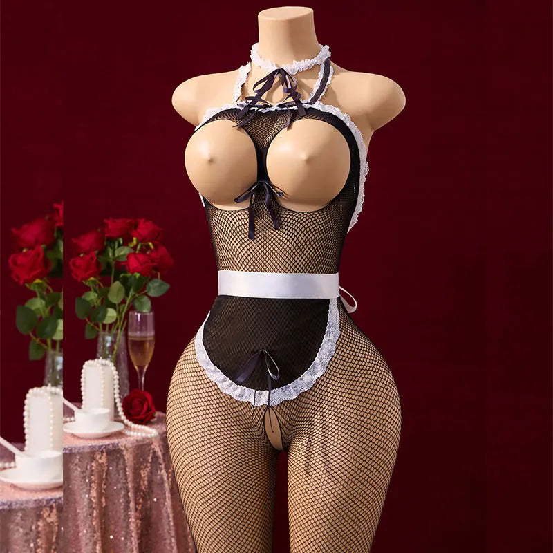 Cosplay Sex Doll Porn Costume Full Open Bra Bold Lingerie Sexy Stockings For Bedding Maid Uniform Set Includes Apron Accessories