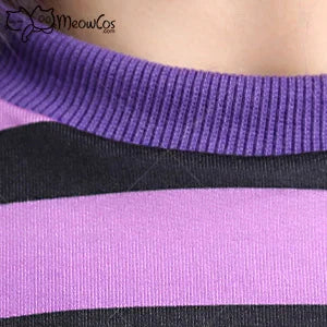 Erotic Striped Short Top and Panty Purple Set with Fishnet Stockings and Corset Cosplay Costume