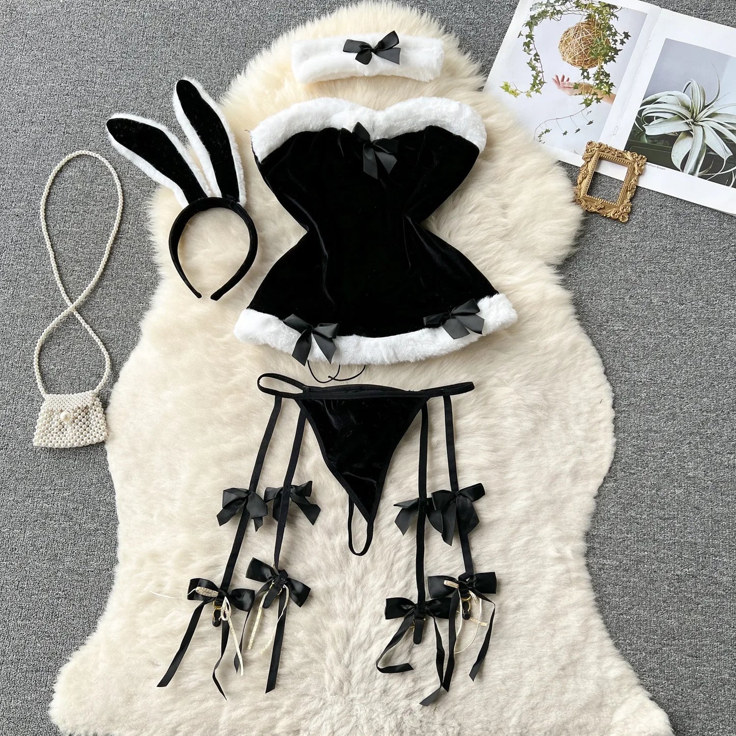 Faux Fur and Velvet Sexy Bunny Lingerie Outfit