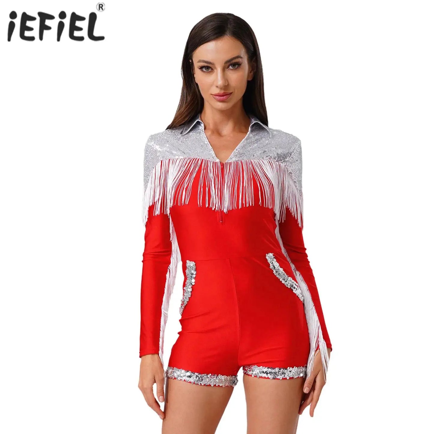 Womens Sparkly Western Cowgirl Cosplay Costume 70s 80s DiscoBodysuit Playsuit Front Zip Tassel Fringe Sequins Boyshorts Rompers
