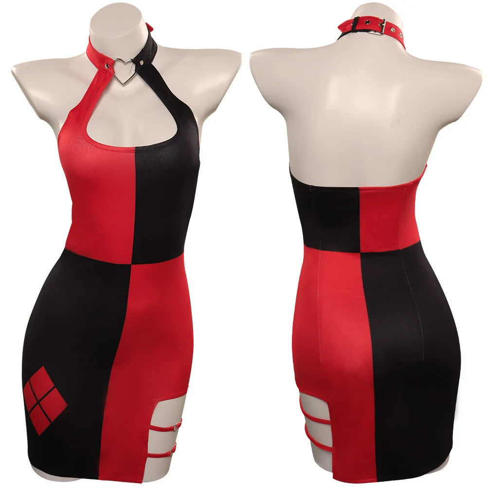 Quinzel Cosplay Sexy Bodycon Mini Dress Women Costume Movie Super Villain Roleplay Fantasia Outfit Backless Ropa Woman Halloween