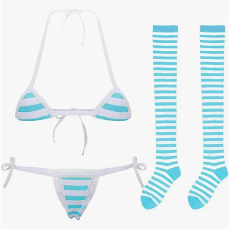 Pink and white striped Bikini Bra And Panty Set with matching Socks