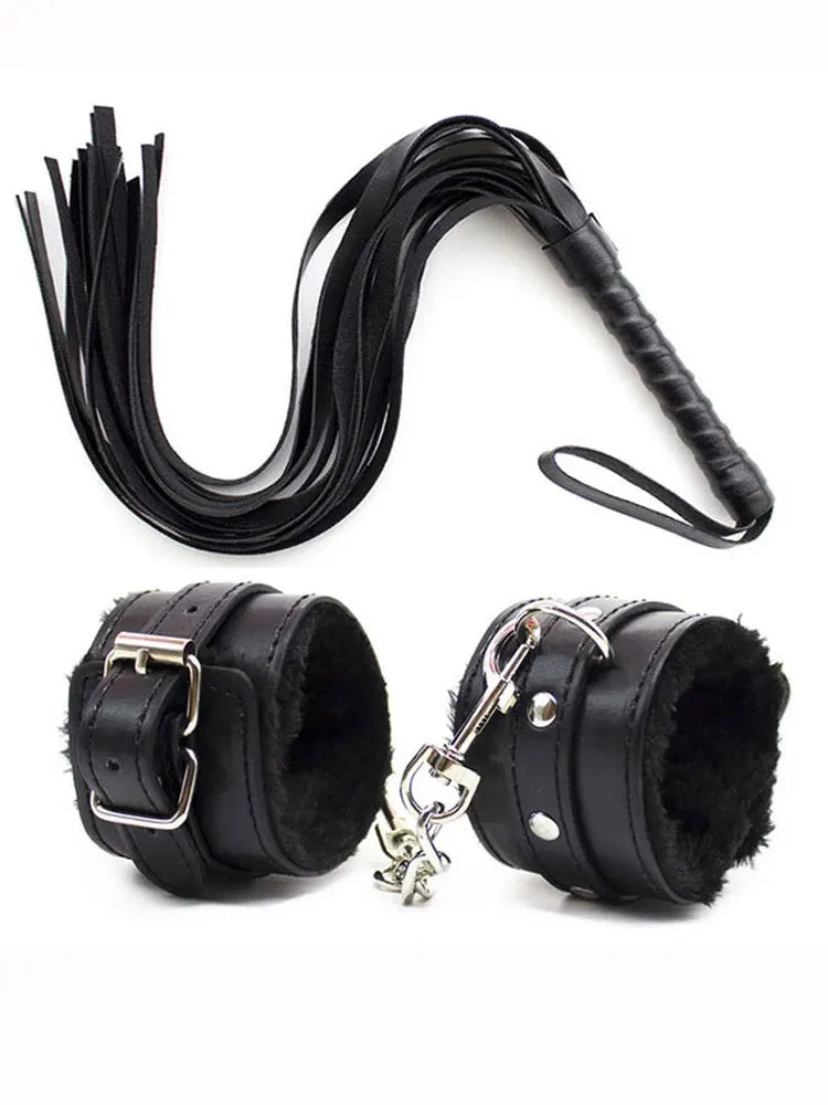 Pink Black Red BDSM Sexy Bondage Handcuffs Ankle Cuffs Adjustable With Whip Adult Game Erotic Sex Toy for Women Couples