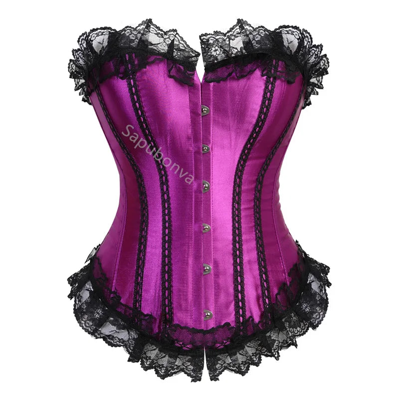 Sapubonva Corset Bustier with Lace Up Trim Satin Corsets Overbust Costumes Ladies Shaper Victorian Corset Top Blue Yellow Red
