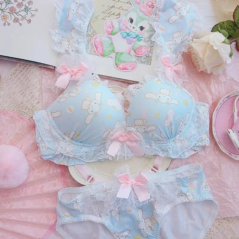 Women Bra Panties Set Cartoon Sanrios Girl's Wireless Lace Bra