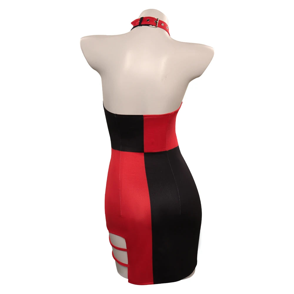 Quinzel Cosplay Sexy Bodycon Mini Dress Women Costume Movie Super Villain Roleplay Fantasia Outfit Backless Ropa Woman Halloween