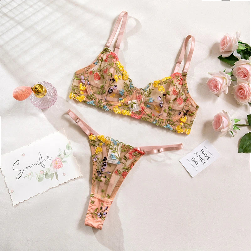 Bra and Briefs Sets Lace Flower Embroidery