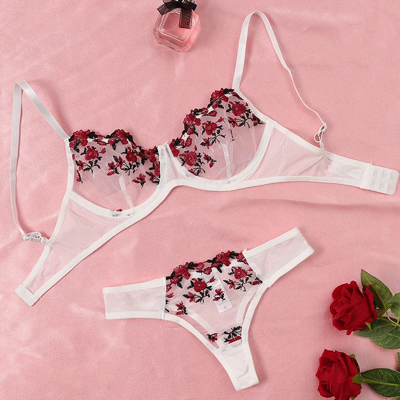 Transparent Mesh Embroidery See-through Temptation Bra And Panties Sets