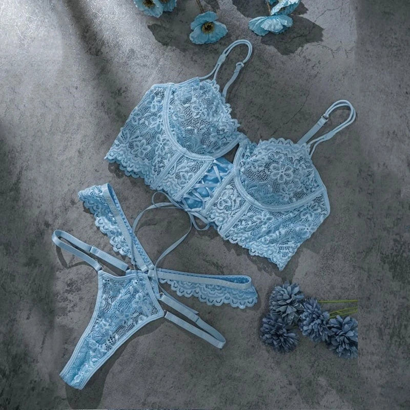 Lingerie Black Lace Bra & Brief Set - Sensual See-Through with Floral Accents
