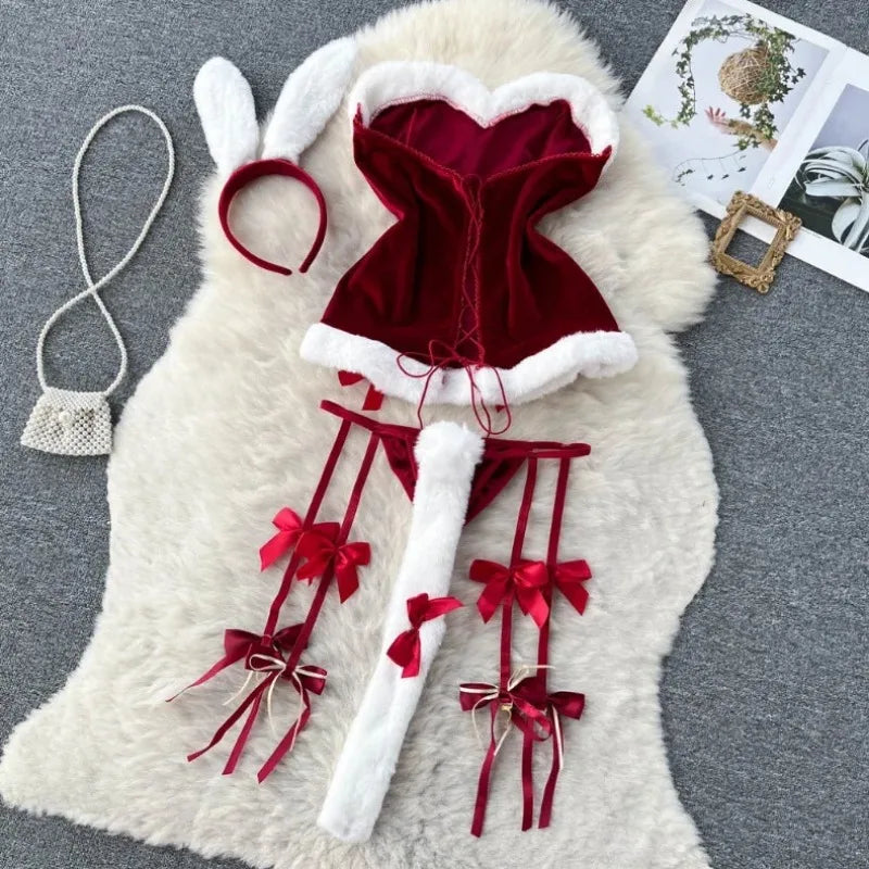 Faux Fur and Velvet Sexy Bunny Lingerie Outfit