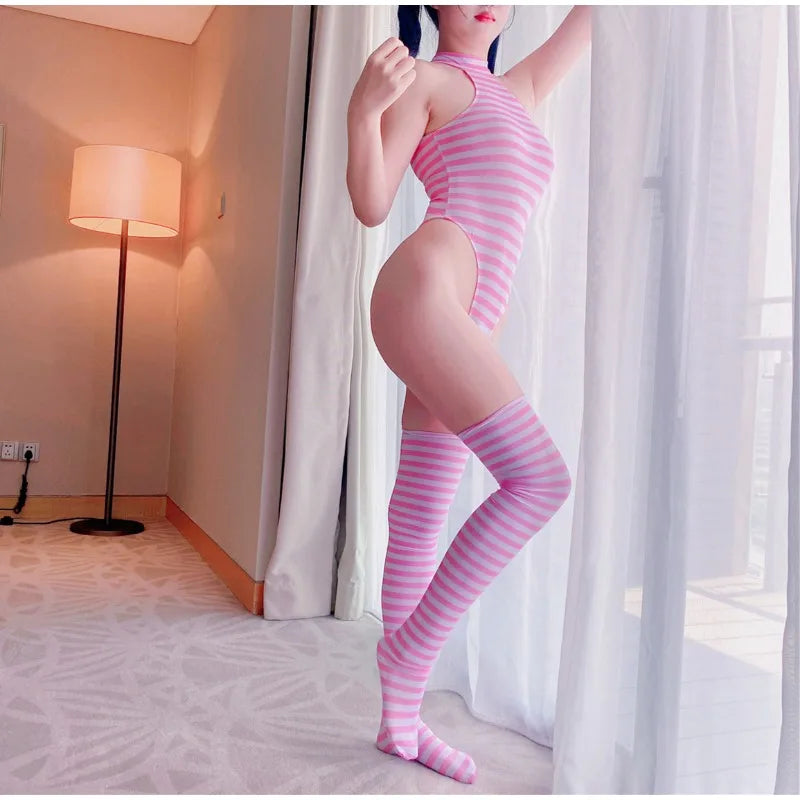 Crotchless Bodysuit with Stockings Striped