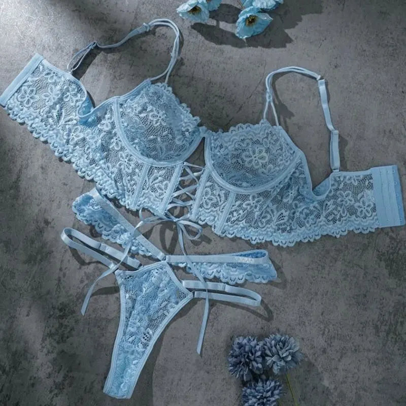 Lingerie Black Lace Bra & Brief Set - Sensual See-Through with Floral Accents
