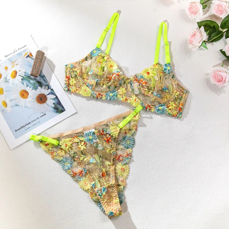 Bra and Briefs Sets Lace Flower Embroidery