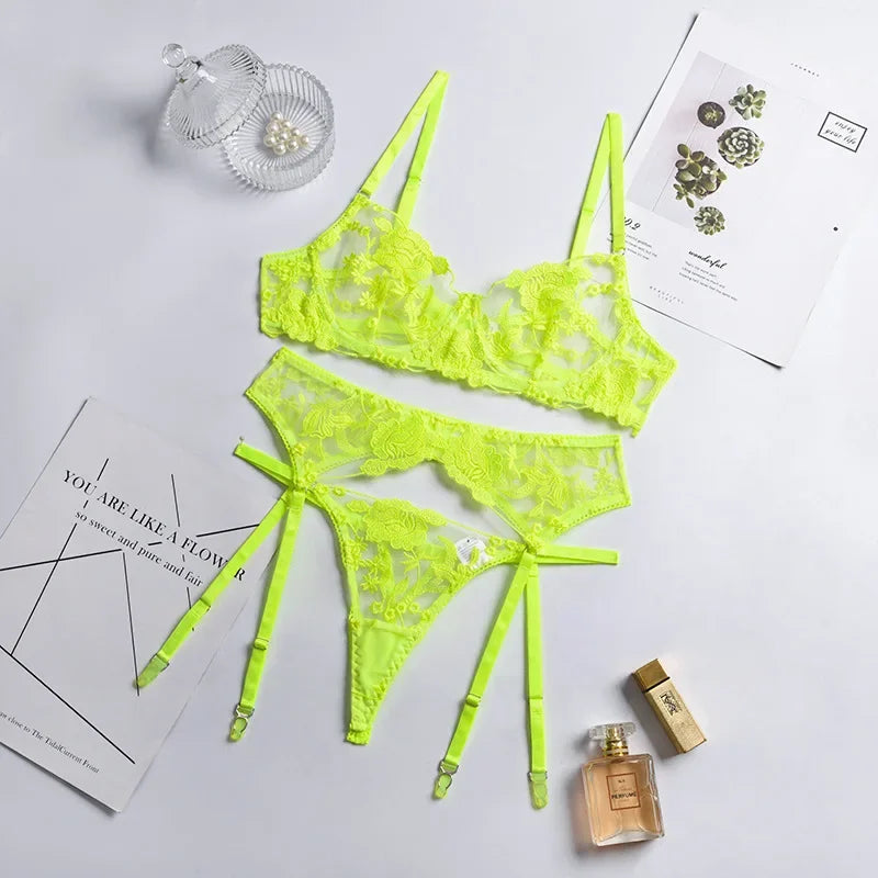 Floral Lace Open Cup Bra & Thong Set - 3 Piece Sheer Embroidery Underwear