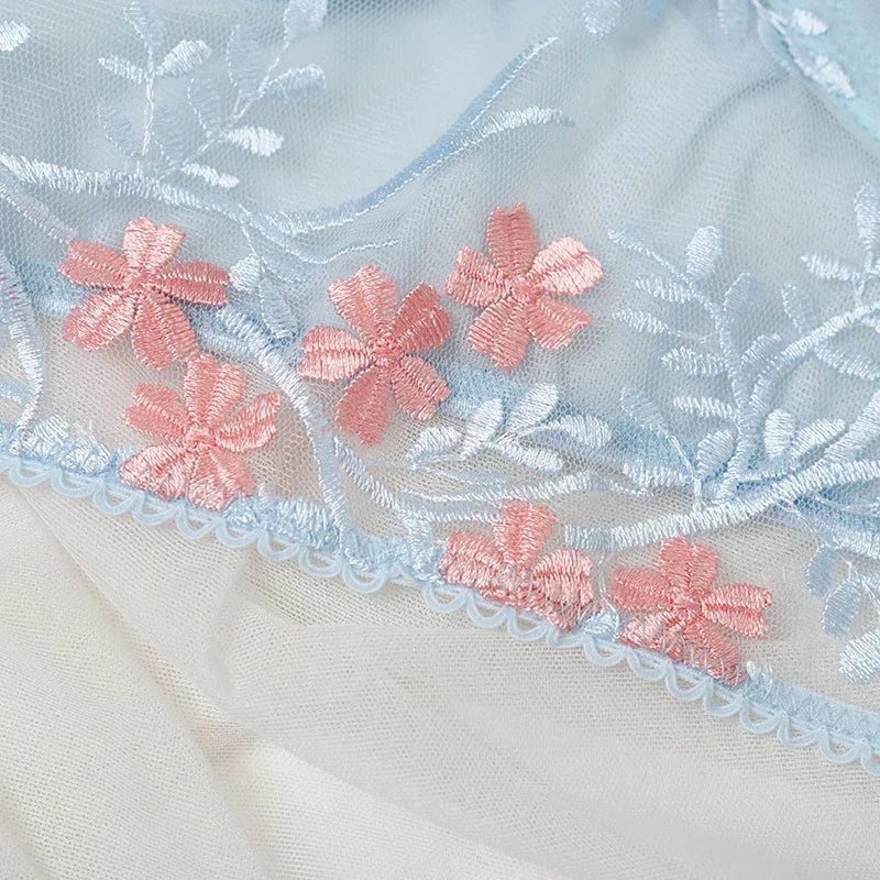 Blue Floral Embroidery Bra and Panty Set