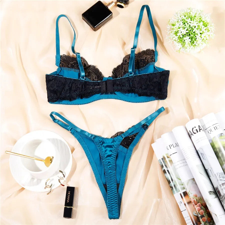 Patchwork Bra Brief Sets Navy Blue Lace Underwear