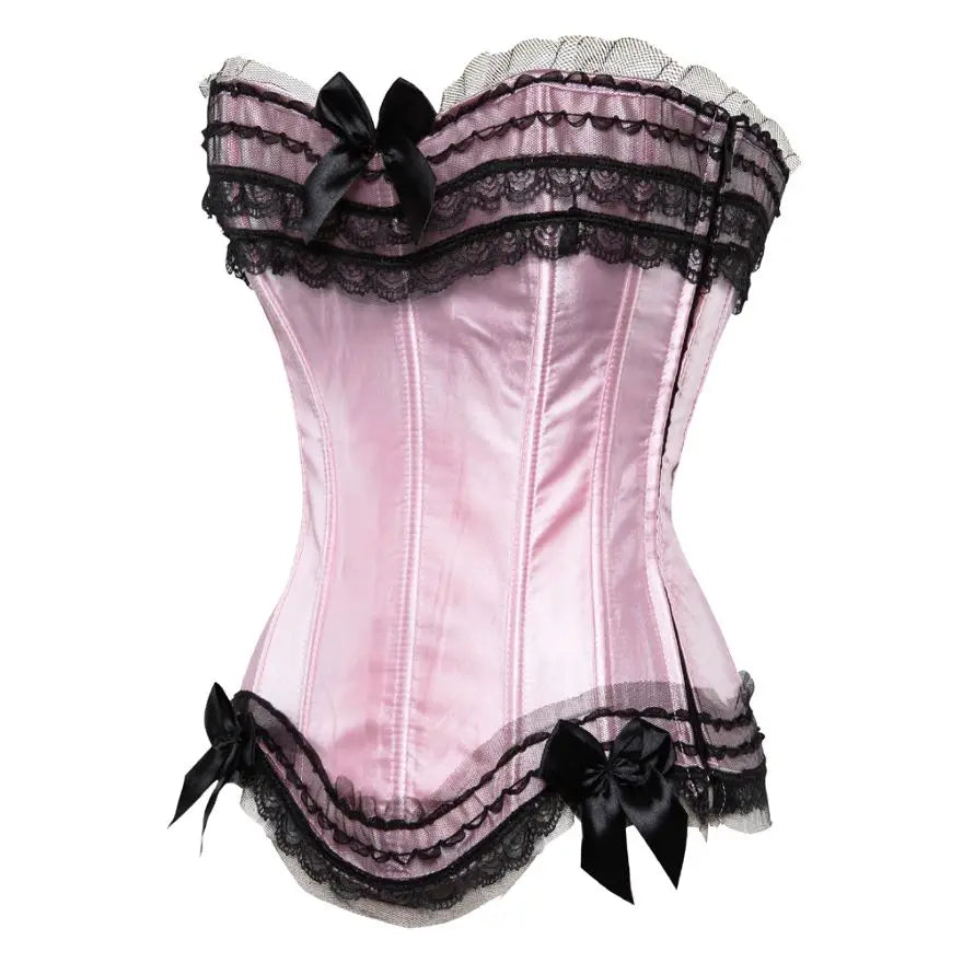 Women Sexy Satin Overbust Corset Lace Up Corsets Bustiers Top Gothic Ladies Halloween Plus Size White Red Black Pink korsett