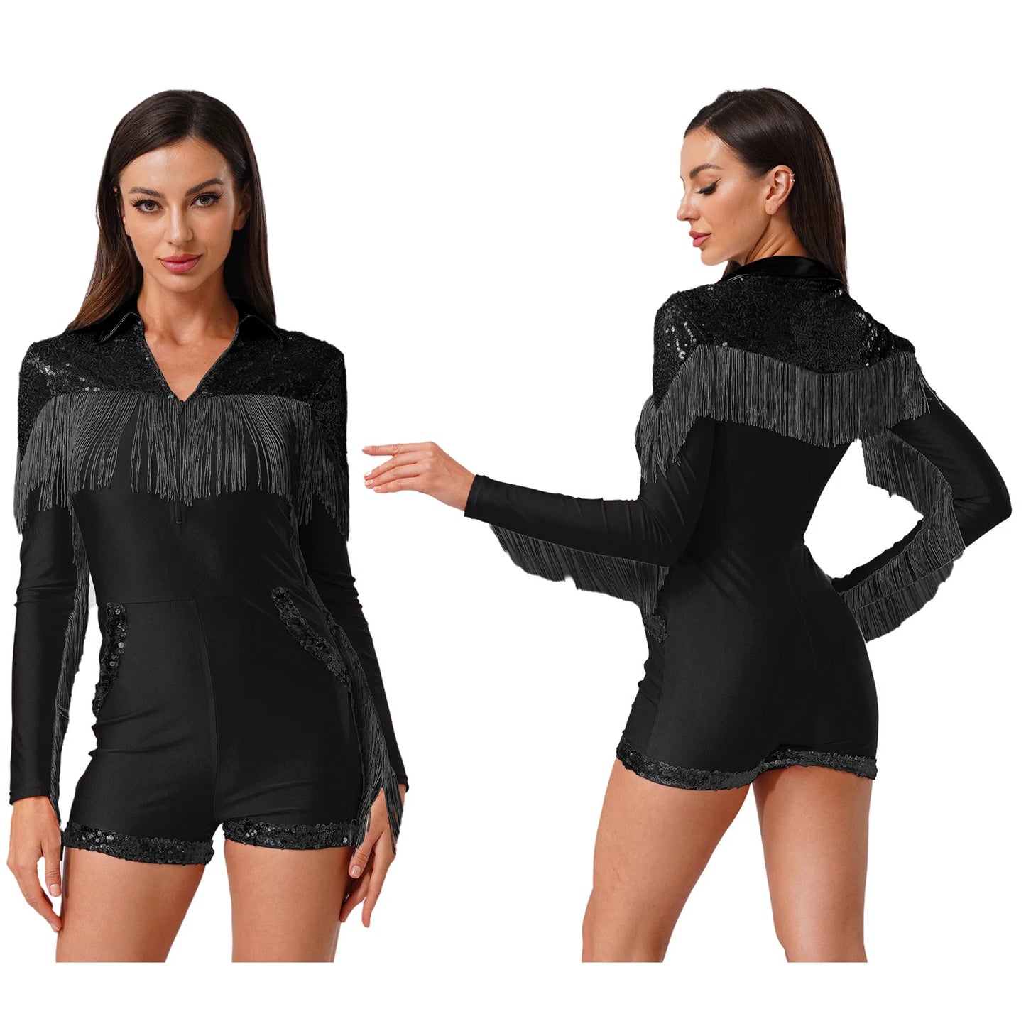 Womens Sparkly Western Cowgirl Cosplay Costume 70s 80s DiscoBodysuit Playsuit Front Zip Tassel Fringe Sequins Boyshorts Rompers