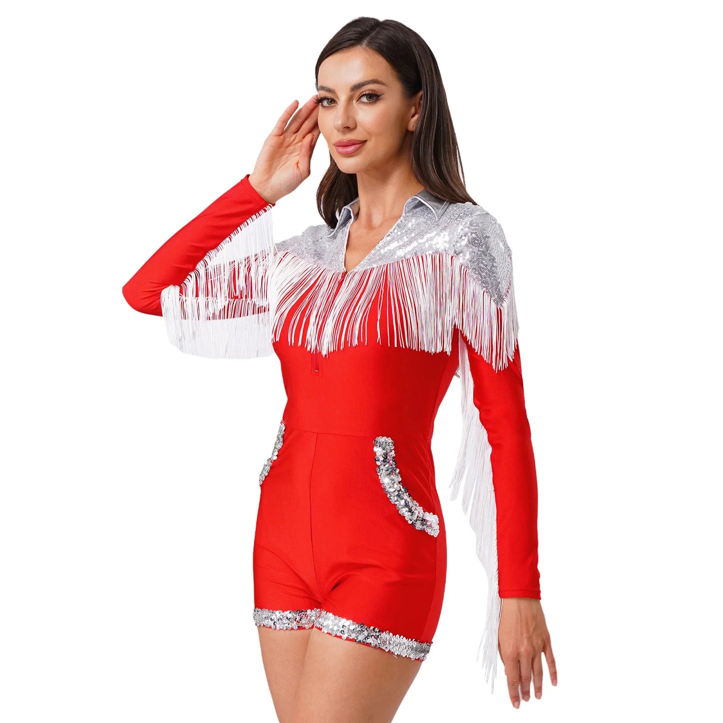 Womens Sparkly Western Cowgirl Cosplay Costume 70s 80s DiscoBodysuit Playsuit Front Zip Tassel Fringe Sequins Boyshorts Rompers