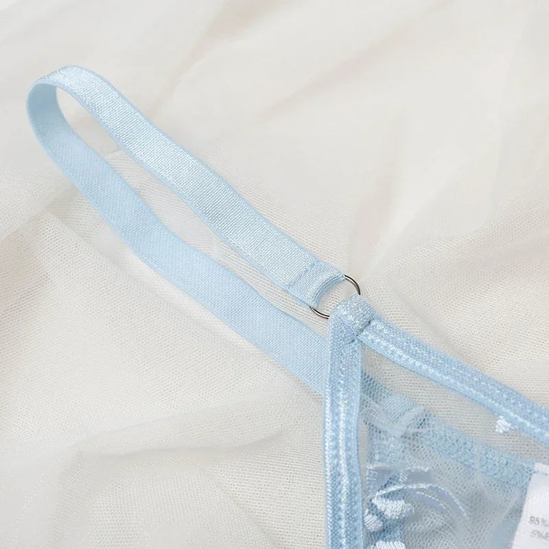 Blue Floral Embroidery Bra and Panty Set