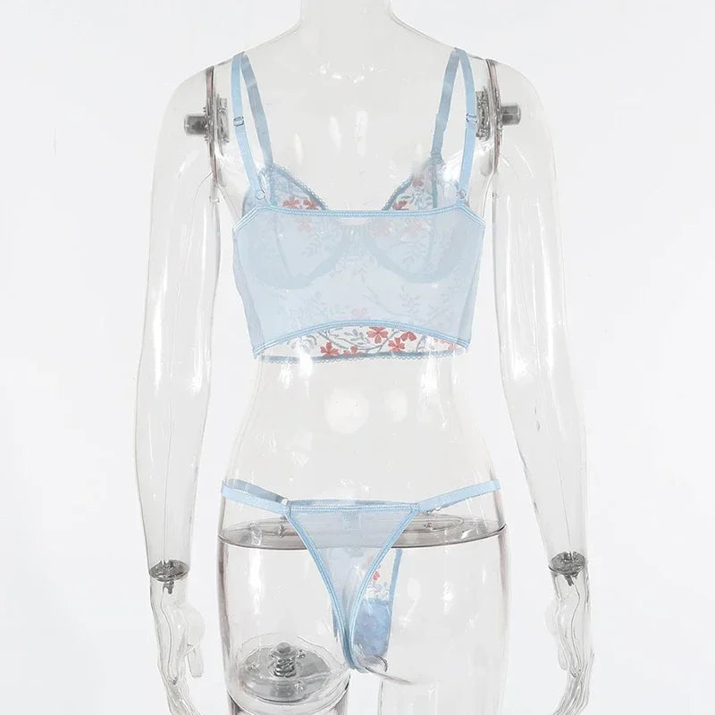 Blue Floral Embroidery Bra and Panty Set