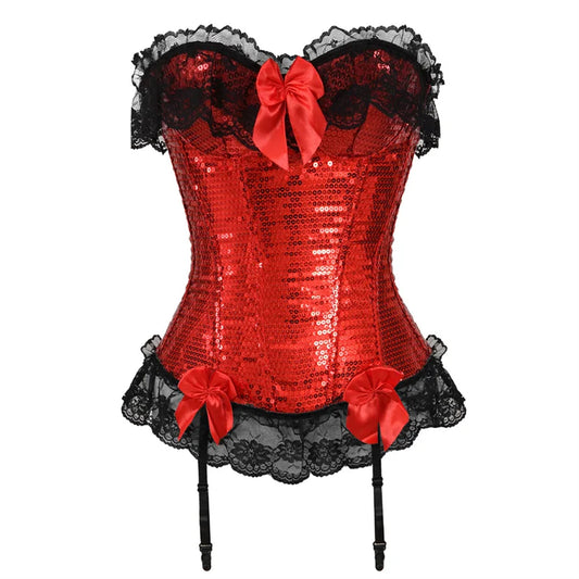 Gothic Red Corset for Women Sexy Lace Corset with Garters Vintage Lace Up Corset Top Sequin Sliver Bustier Overbust