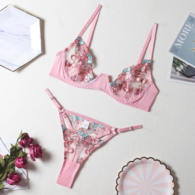 Bra and Briefs Sets Lace Flower Embroidery