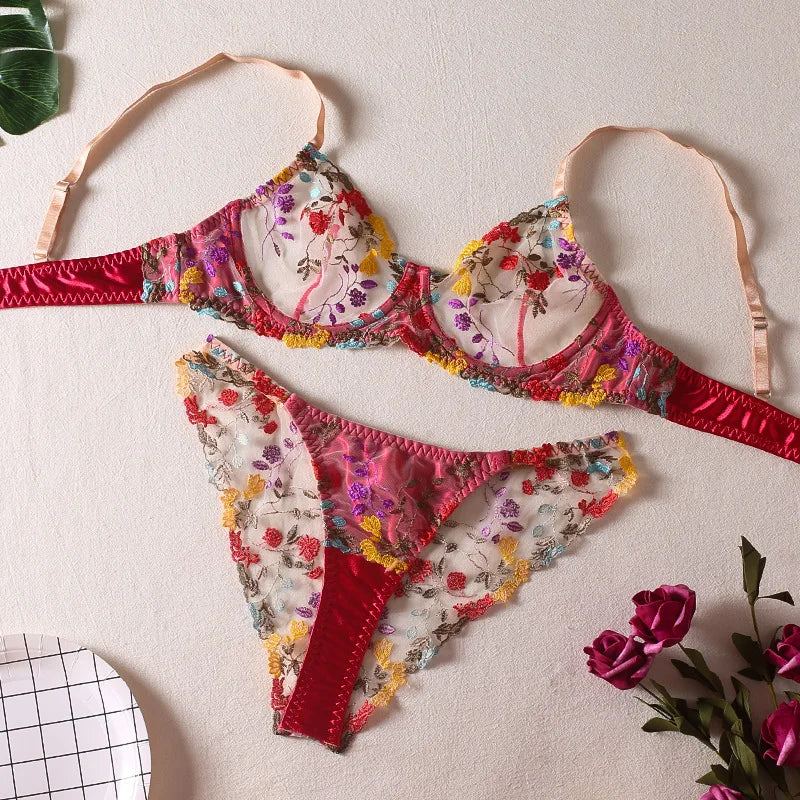 Bra and Briefs Sets Lace Flower Embroidery