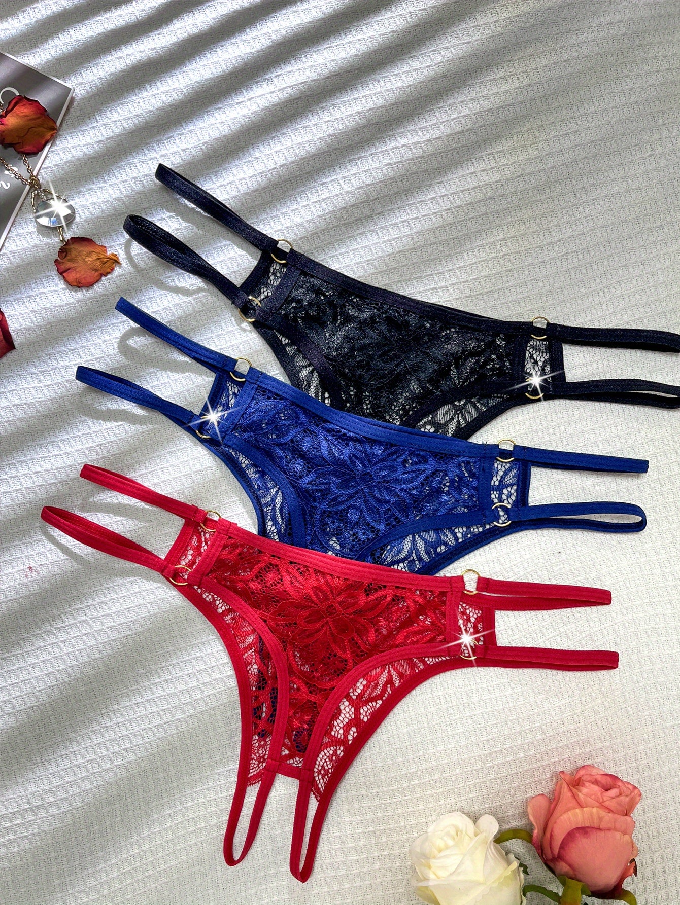 Seductive Lace Thong Lingerie Set - 3pcs with Comfortable Dual-Band Support, Discreet Open Crotch for Confident Women