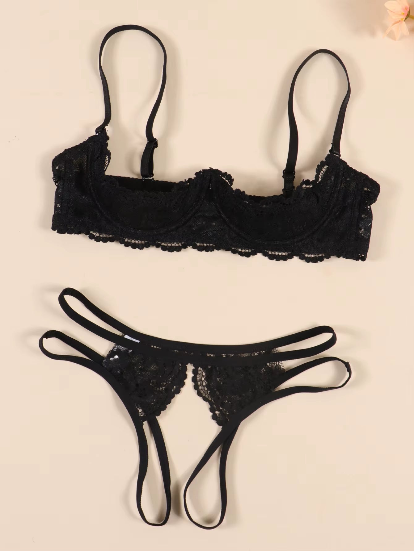 Lace Crotchless Bra G-String Set 2Pcs Erotic Cutout Bra Open Cup Bra Hollow Out Underwears Women Lin...