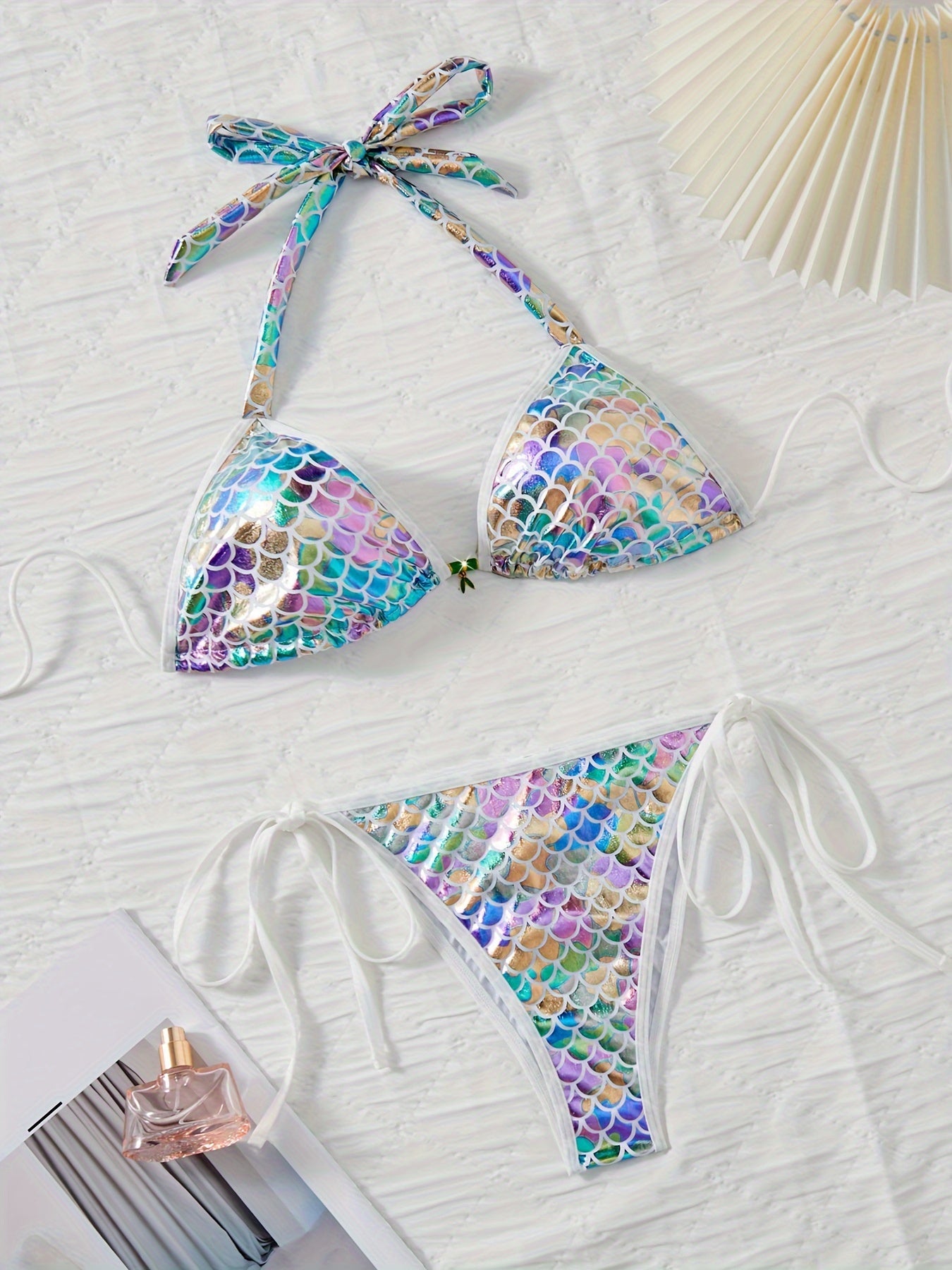 Sultry Lingerie Set - Deep V Halter Neck, Backless Fish Scale Design for Seductive Confidence
