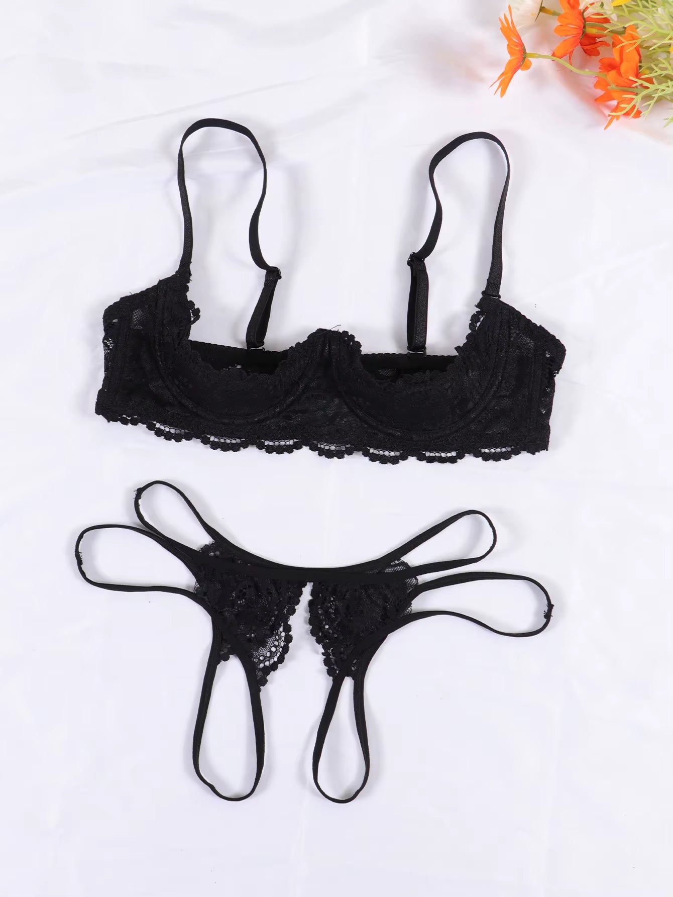 Lace Crotchless Bra G-String Set 2Pcs Erotic Cutout Bra Open Cup Bra Hollow Out Underwears Women Lin...