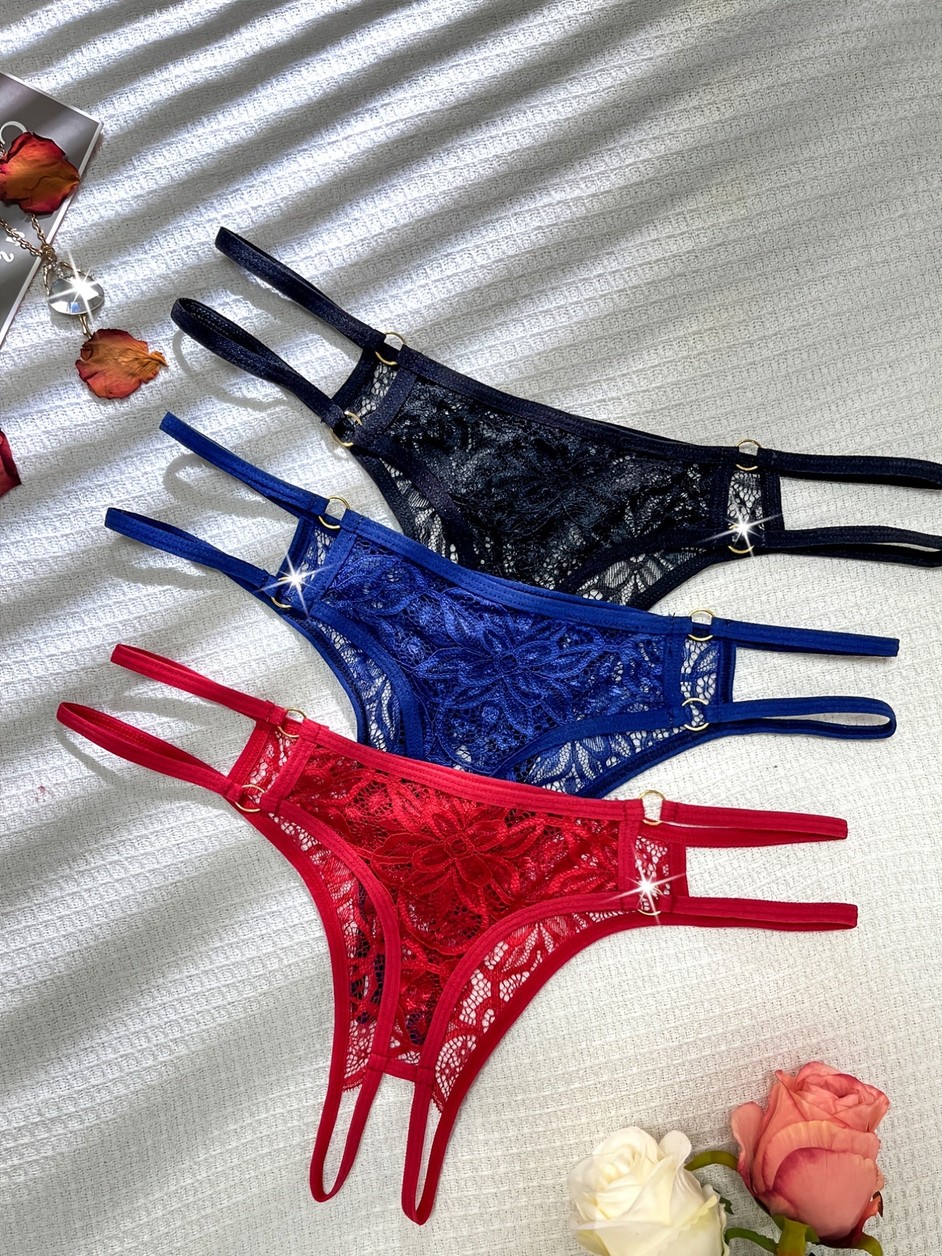 Seductive Lace Thong Lingerie Set - 3pcs with Comfortable Dual-Band Support, Discreet Open Crotch for Confident Women
