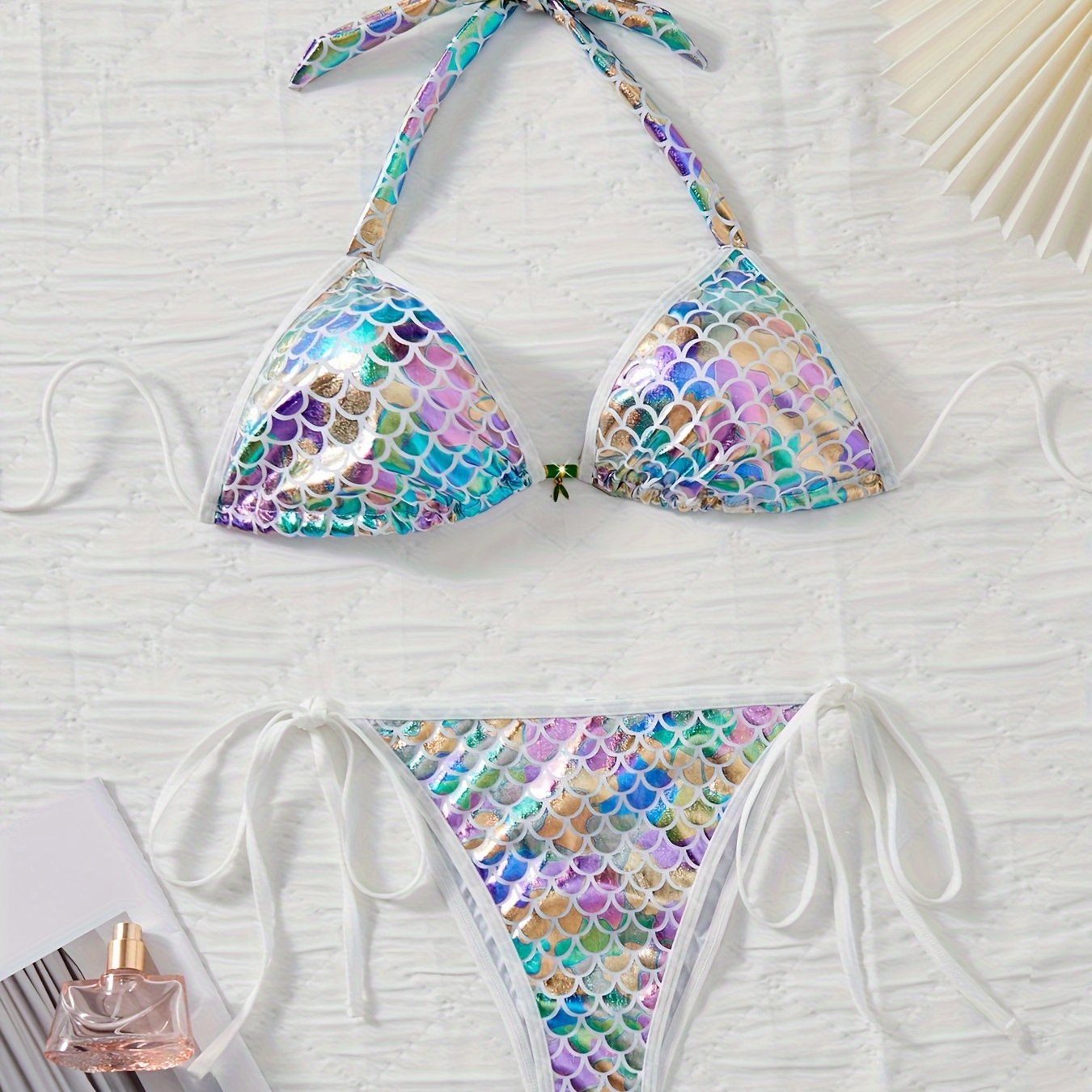 Sultry Lingerie Set - Deep V Halter Neck, Backless Fish Scale Design for Seductive Confidence