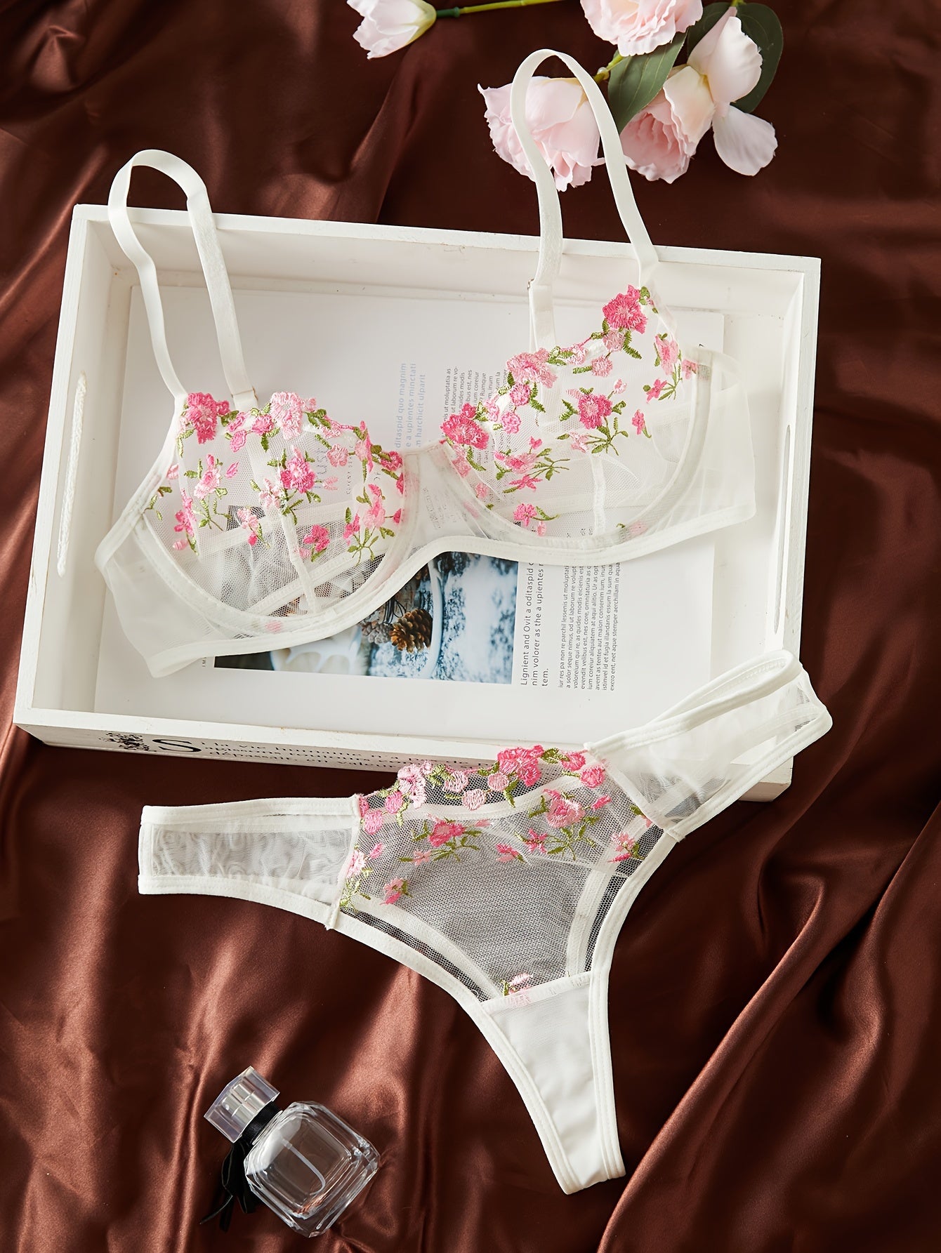Blossom Intimates Floral Embroidered Sheer Bra & Mesh Thong Set - Lightweight Elegance for Seductive Moments